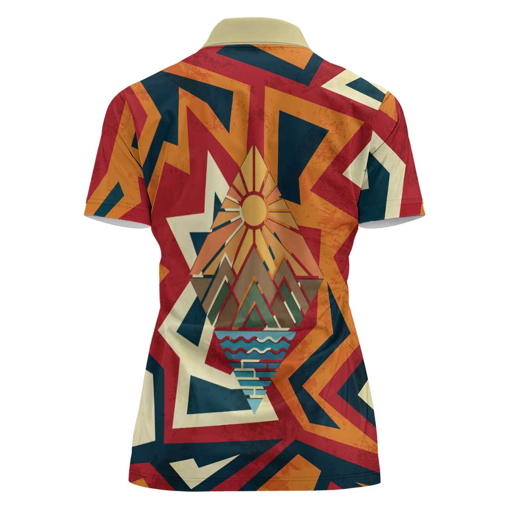 Native American Warrior Women Polo Shirt with Tribal Geometric Pattern Bold Sunset Mountain - Wonder Print Shop