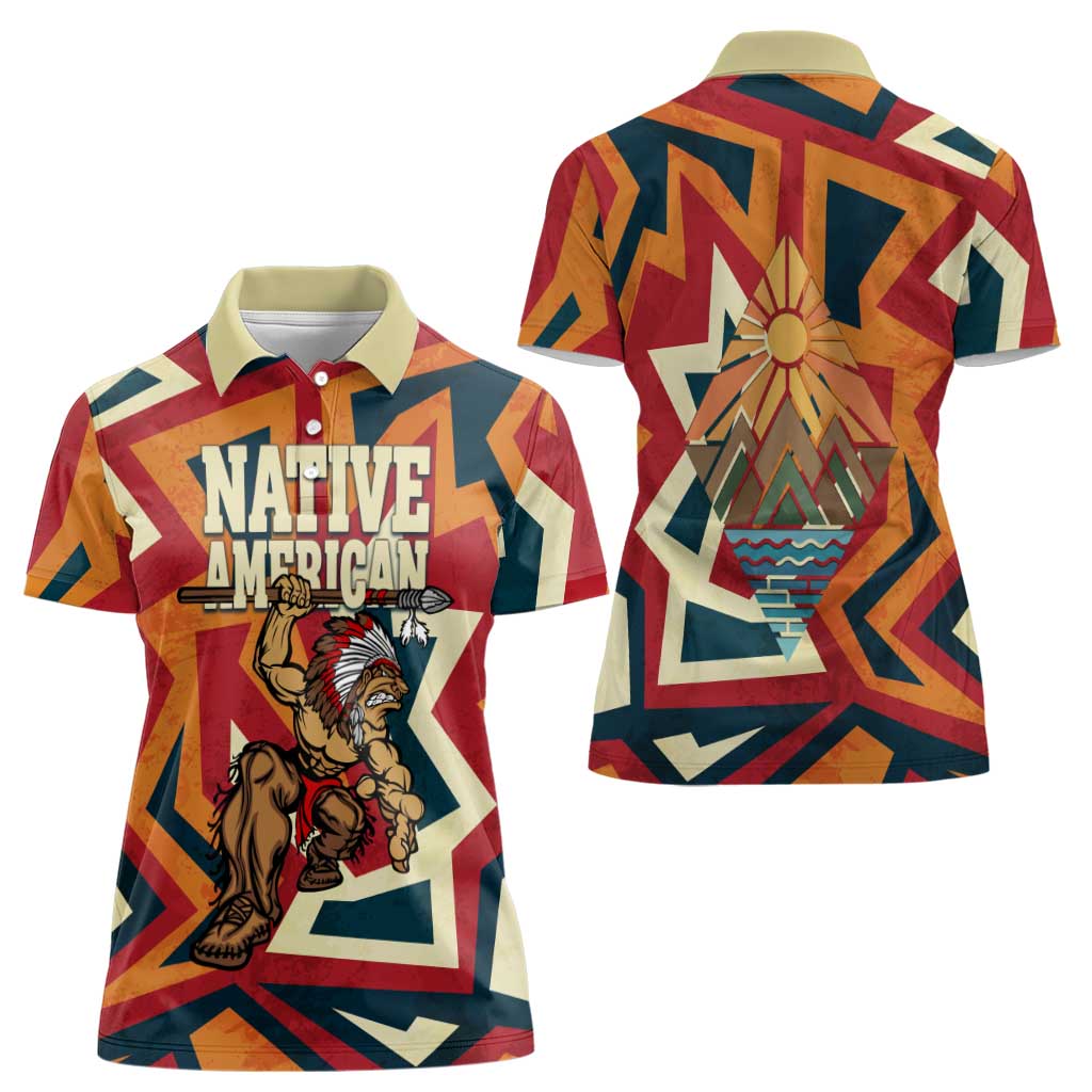 Native American Warrior Women Polo Shirt with Tribal Geometric Pattern Bold Sunset Mountain - Wonder Print Shop