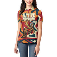 Native American Warrior Women Polo Shirt with Tribal Geometric Pattern Bold Sunset Mountain - Wonder Print Shop