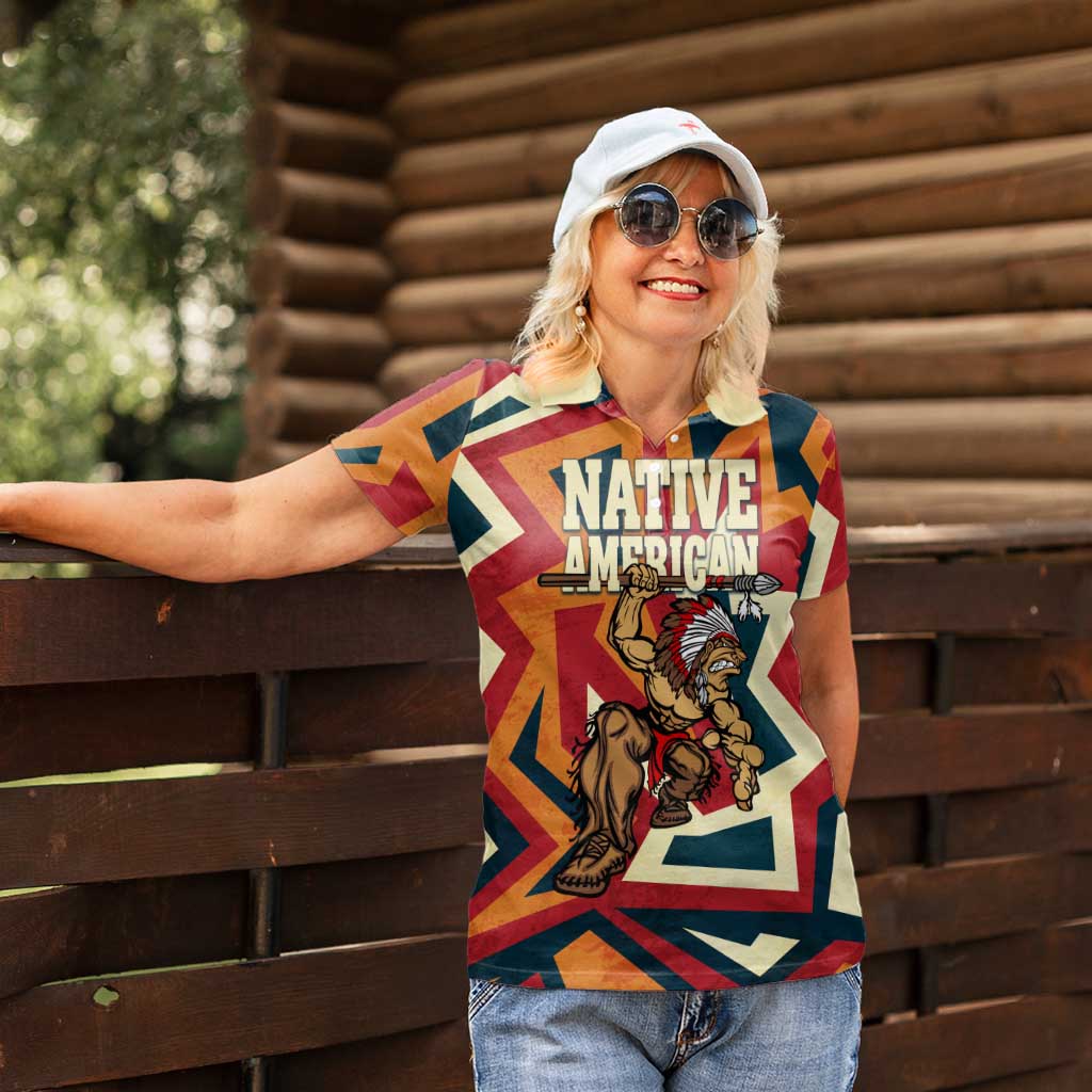 Native American Warrior Women Polo Shirt with Tribal Geometric Pattern Bold Sunset Mountain - Wonder Print Shop