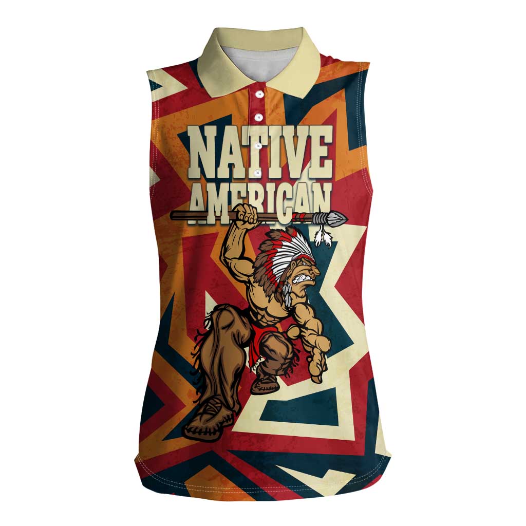 Native American Warrior Women Sleeveless Polo Shirt with Tribal Geometric Pattern Bold Sunset Mountain - Wonder Print Shop