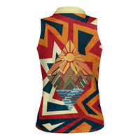 Native American Warrior Women Sleeveless Polo Shirt with Tribal Geometric Pattern Bold Sunset Mountain - Wonder Print Shop