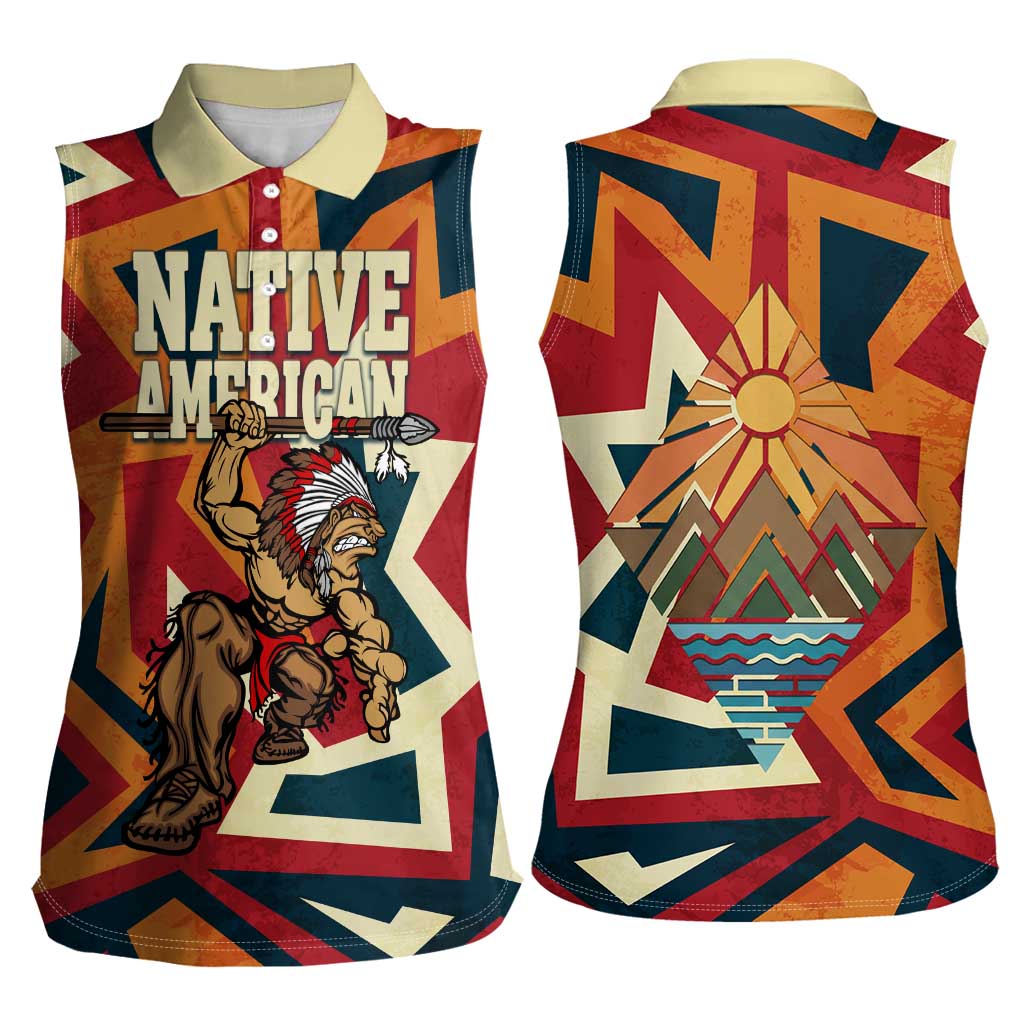Native American Warrior Women Sleeveless Polo Shirt with Tribal Geometric Pattern Bold Sunset Mountain - Wonder Print Shop