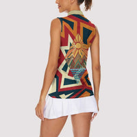 Native American Warrior Women Sleeveless Polo Shirt with Tribal Geometric Pattern Bold Sunset Mountain - Wonder Print Shop