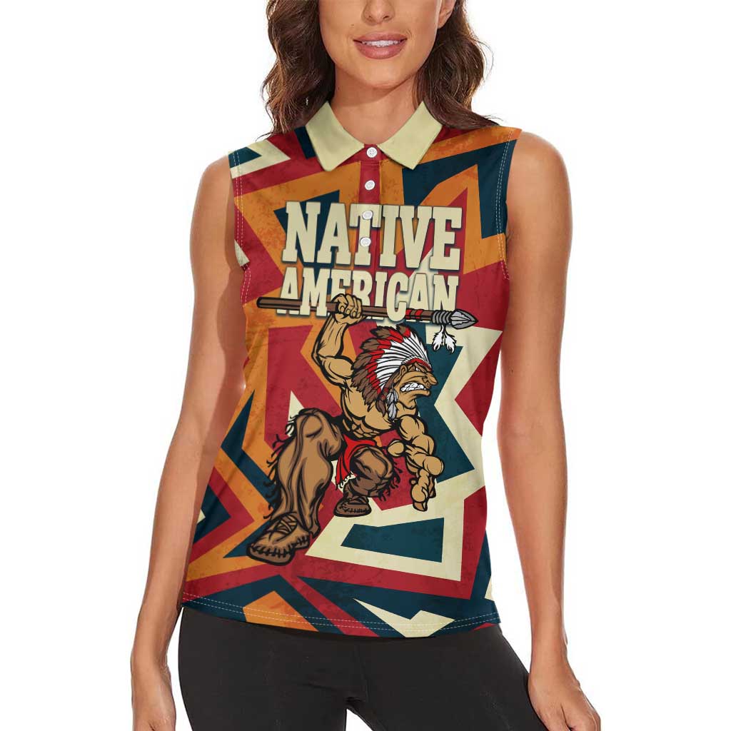Native American Warrior Women Sleeveless Polo Shirt with Tribal Geometric Pattern Bold Sunset Mountain - Wonder Print Shop