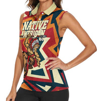 Native American Warrior Women Sleeveless Polo Shirt with Tribal Geometric Pattern Bold Sunset Mountain - Wonder Print Shop