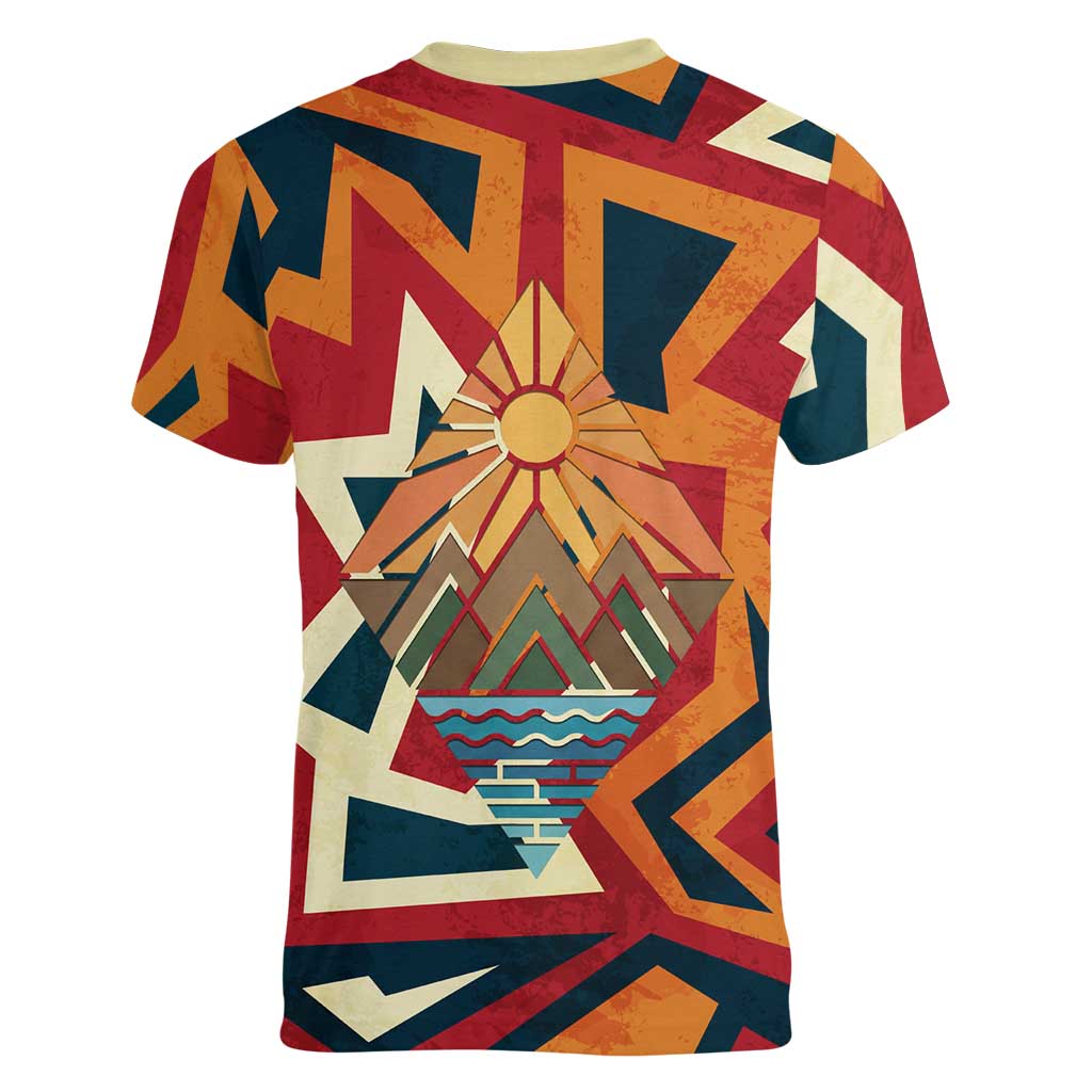 Native American Warrior Women V-Neck T-Shirt with Tribal Geometric Pattern Bold Sunset Mountain - Wonder Print Shop