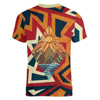Native American Warrior Women V-Neck T-Shirt with Tribal Geometric Pattern Bold Sunset Mountain - Wonder Print Shop