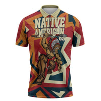 Native American Warrior Zipper Polo Shirt with Tribal Geometric Pattern Bold Sunset Mountain - Wonder Print Shop
