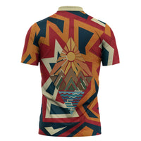 Native American Warrior Zipper Polo Shirt with Tribal Geometric Pattern Bold Sunset Mountain - Wonder Print Shop
