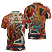 Native American Warrior Zipper Polo Shirt with Tribal Geometric Pattern Bold Sunset Mountain - Wonder Print Shop