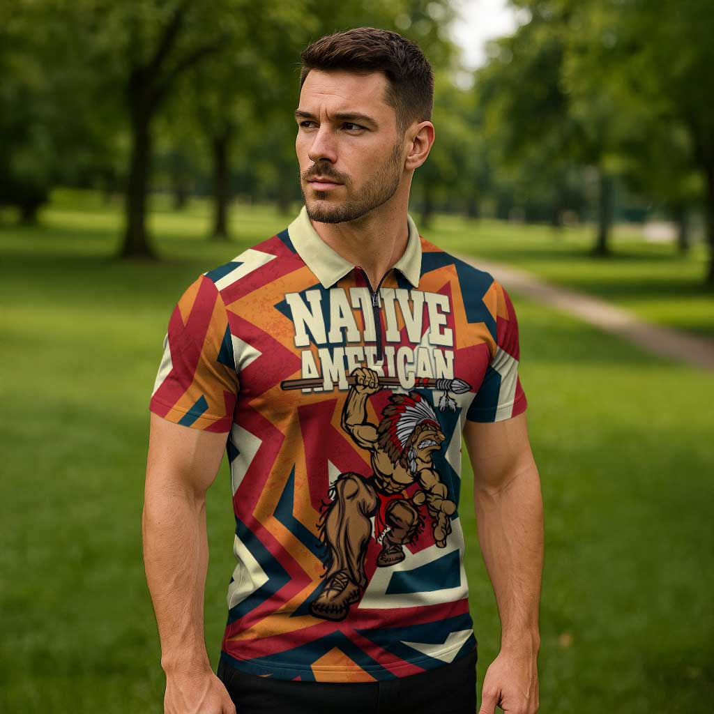 Native American Warrior Zipper Polo Shirt with Tribal Geometric Pattern Bold Sunset Mountain - Wonder Print Shop