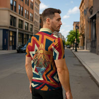 Native American Warrior Zipper Polo Shirt with Tribal Geometric Pattern Bold Sunset Mountain - Wonder Print Shop
