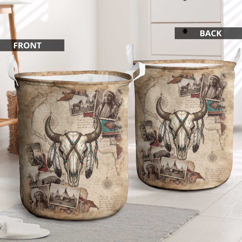 Buffalo Skull Laundry Basket Feathers Tribal Map and Historical Indigenous Native American Heritage Bison - Wonder Print Shop