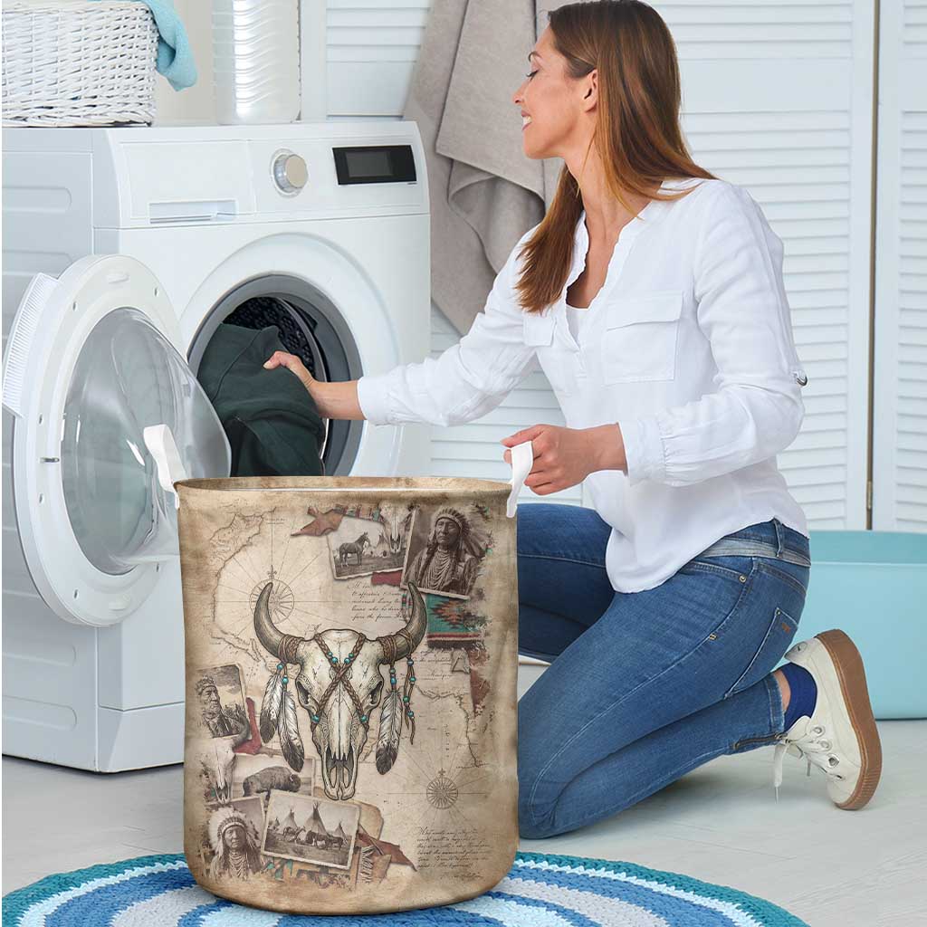 Buffalo Skull Laundry Basket Feathers Tribal Map and Historical Indigenous Native American Heritage Bison - Wonder Print Shop