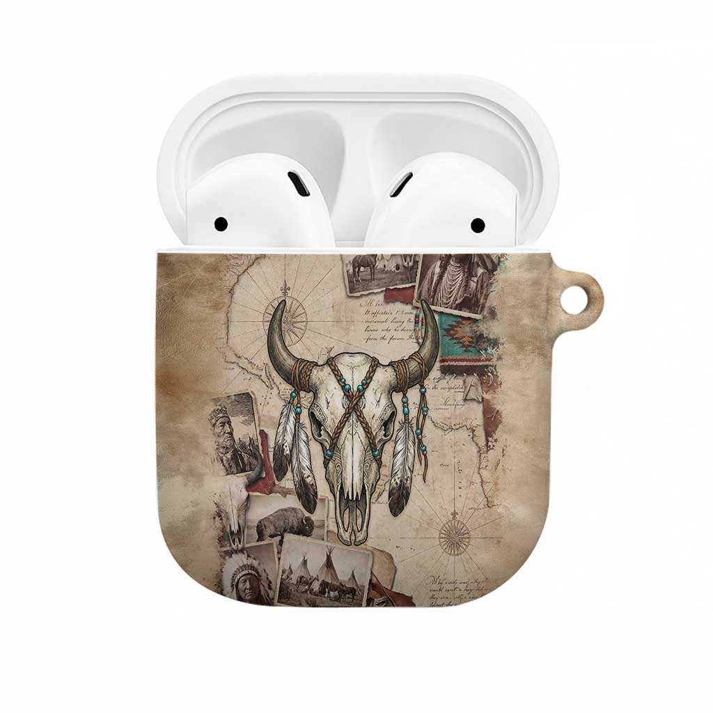 Buffalo Skull AirPods Case Feathers Tribal Map and Historical Indigenous Native American Heritage Bison - Wonder Print Shop