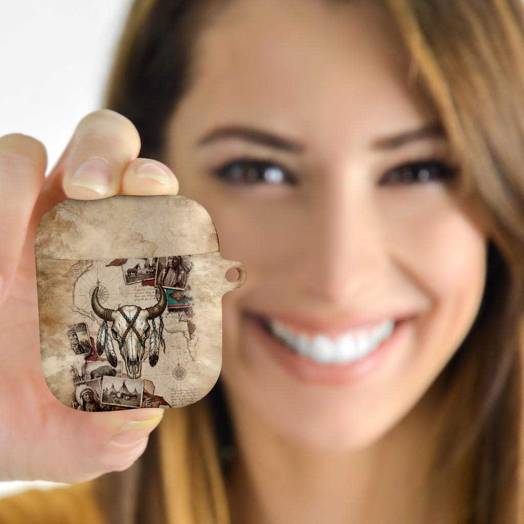 Buffalo Skull AirPods Case Feathers Tribal Map and Historical Indigenous Native American Heritage Bison - Wonder Print Shop