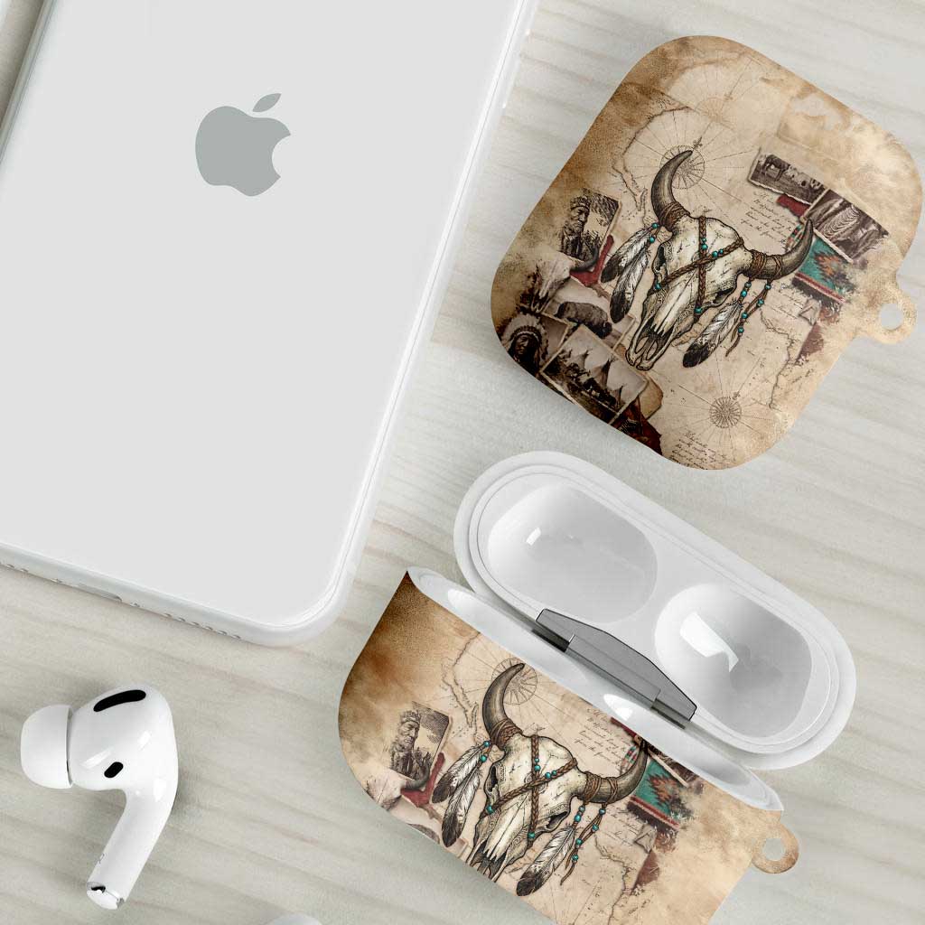 Buffalo Skull AirPods Case Feathers Tribal Map and Historical Indigenous Native American Heritage Bison - Wonder Print Shop