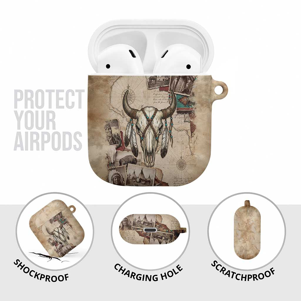 Buffalo Skull AirPods Case Feathers Tribal Map and Historical Indigenous Native American Heritage Bison - Wonder Print Shop
