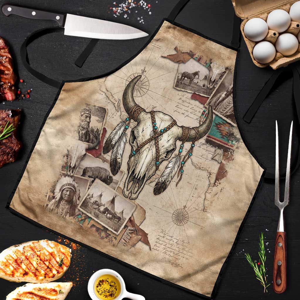 Buffalo Skull Apron Feathers Tribal Map and Historical Indigenous Native American Heritage Bison - Wonder Print Shop