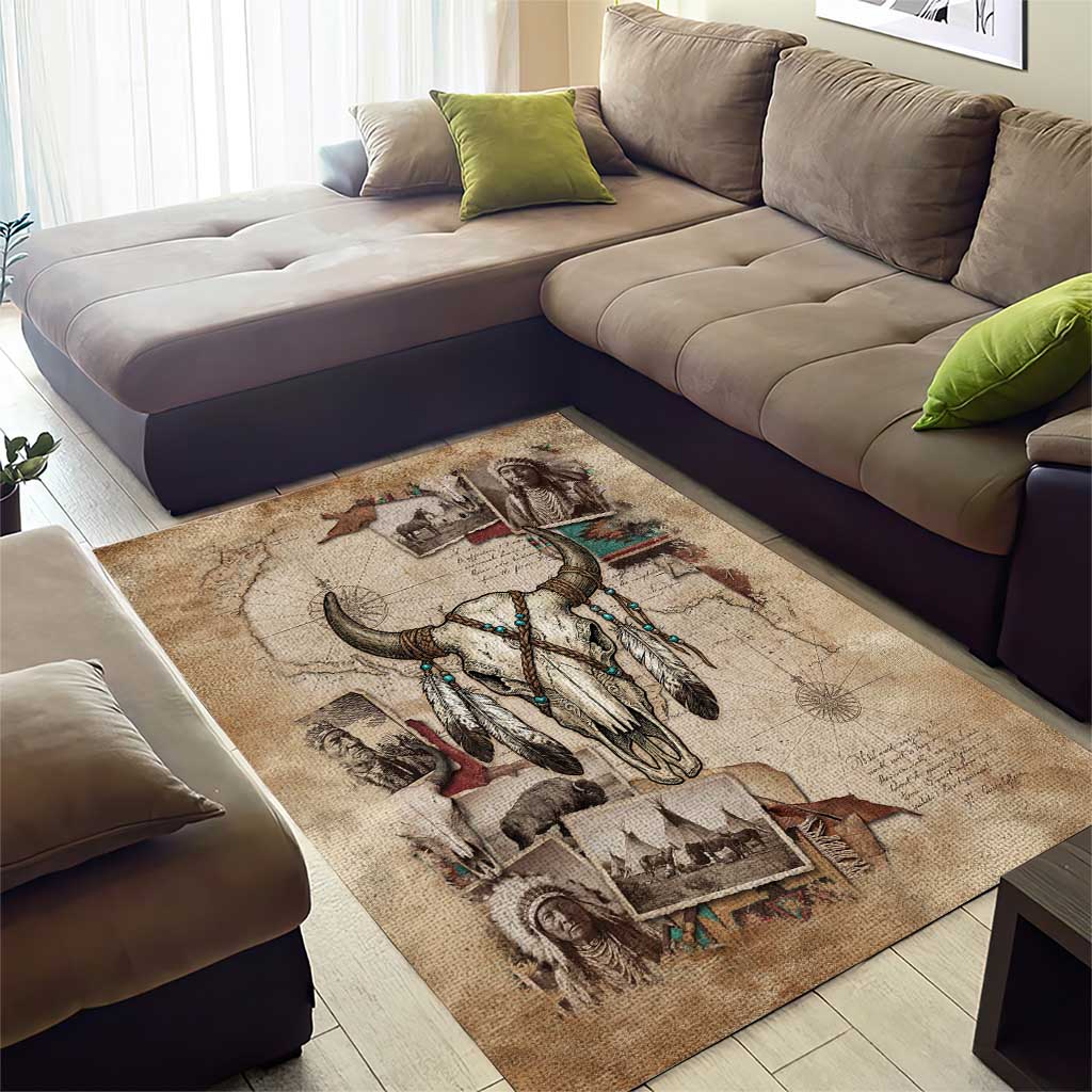 Buffalo Skull Area Rug Feathers Tribal Map and Historical Indigenous Native American Heritage Bison - Wonder Print Shop
