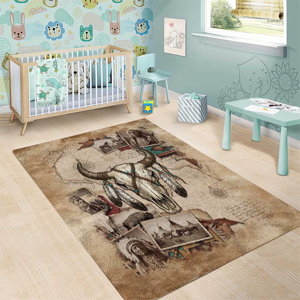 Buffalo Skull Area Rug Feathers Tribal Map and Historical Indigenous Native American Heritage Bison - Wonder Print Shop