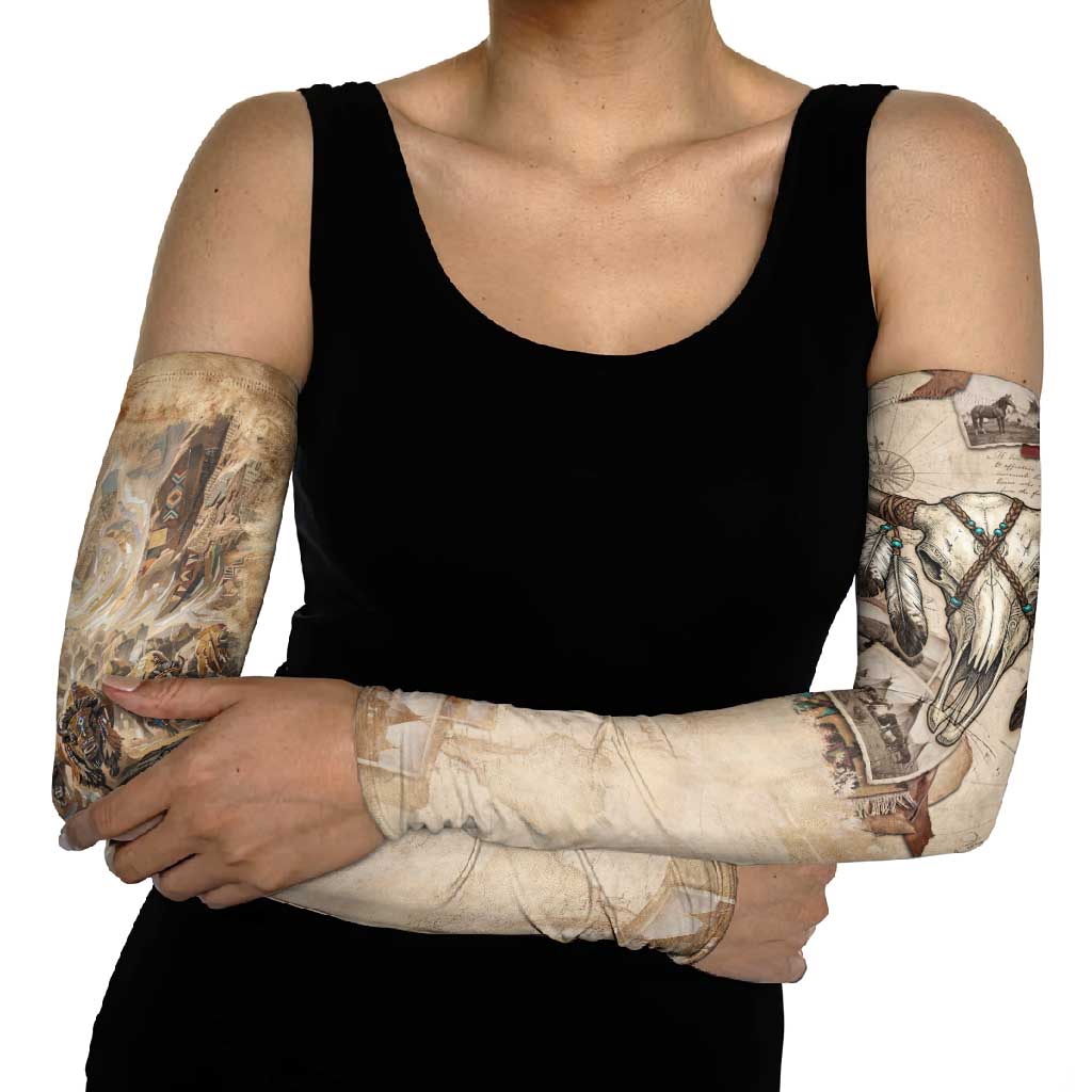 Buffalo Skull Arm Sleeves Feathers Tribal Map and Historical Indigenous Native American Heritage Bison - Wonder Print Shop