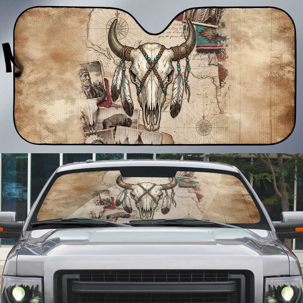 Buffalo Skull Auto Sun Shade Feathers Tribal Map and Historical Indigenous Native American Heritage Bison - Wonder Print Shop