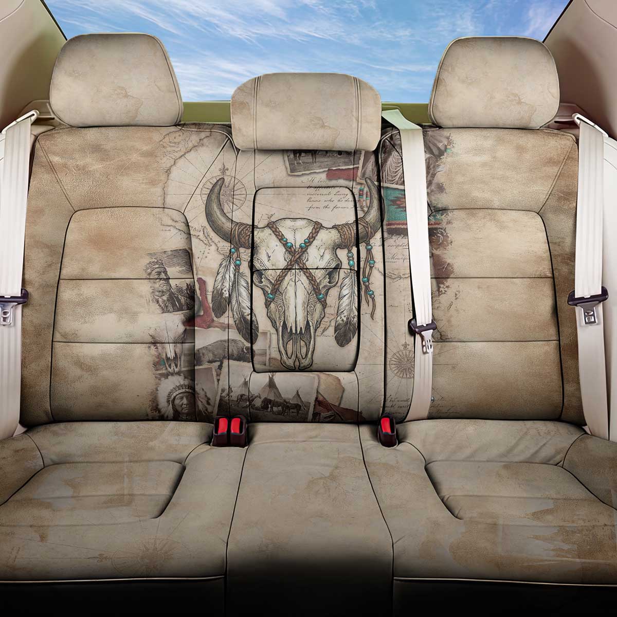 Buffalo Skull Back Car Seat Cover Feathers Tribal Map and Historical Indigenous Native American Heritage Bison - Wonder Print Shop
