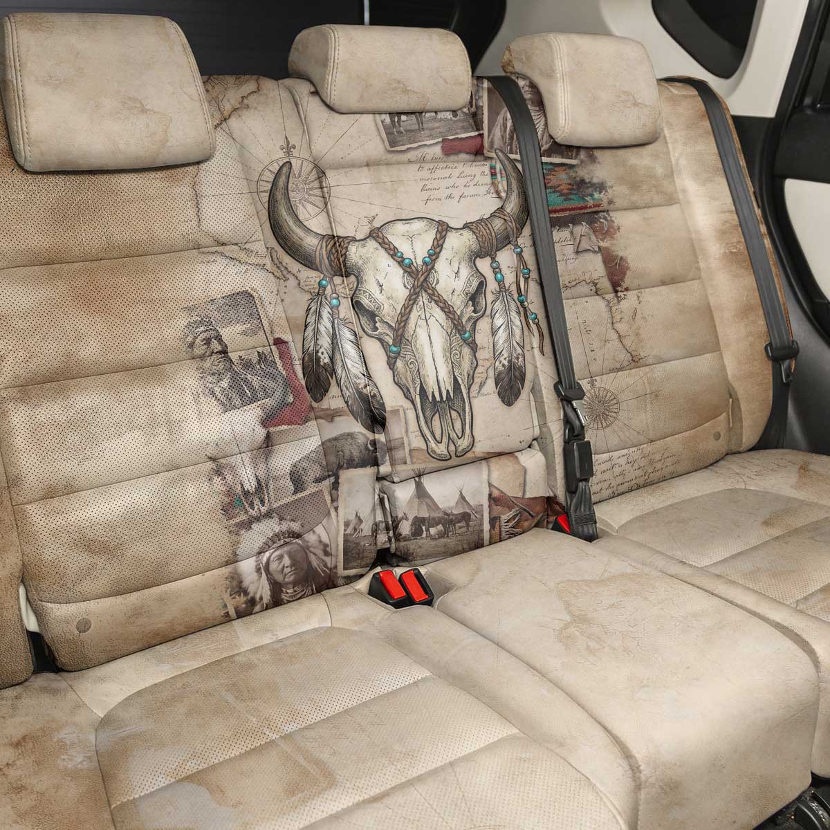Buffalo Skull Back Car Seat Cover Feathers Tribal Map and Historical Indigenous Native American Heritage Bison - Wonder Print Shop