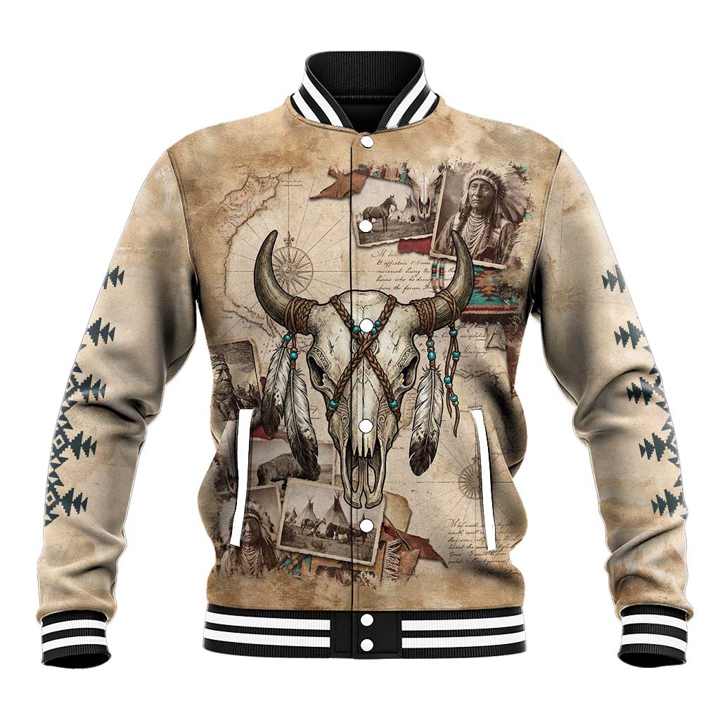 Buffalo Skull Baseball Jacket Feathers Tribal Map and Historical Indigenous Native American Heritage Bison - Wonder Print Shop