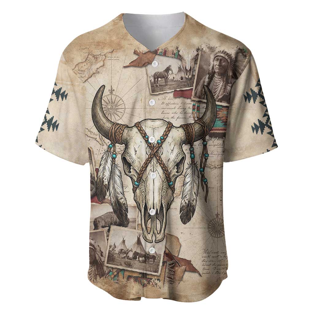Buffalo Skull Baseball Jersey Feathers Tribal Map and Historical Indigenous Native American Heritage Bison - Wonder Print Shop