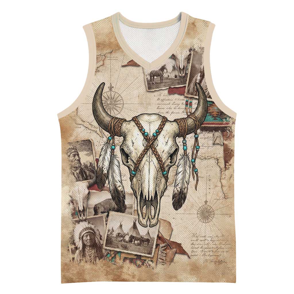 Buffalo Skull Basketball Jersey Feathers Tribal Map and Historical Indigenous Native American Heritage Bison - Wonder Print Shop