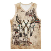 Buffalo Skull Basketball Jersey Feathers Tribal Map and Historical Indigenous Native American Heritage Bison - Wonder Print Shop