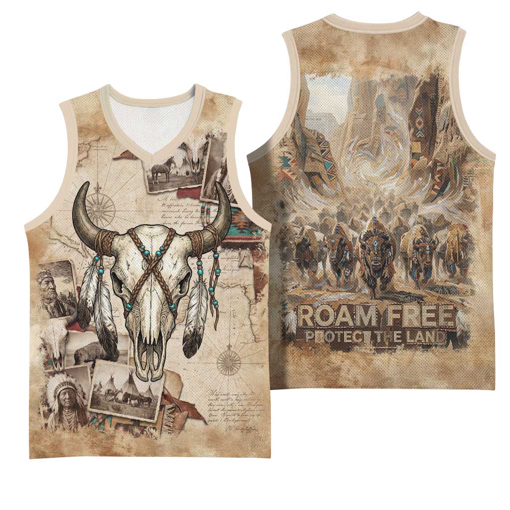 Buffalo Skull Basketball Jersey Feathers Tribal Map and Historical Indigenous Native American Heritage Bison - Wonder Print Shop