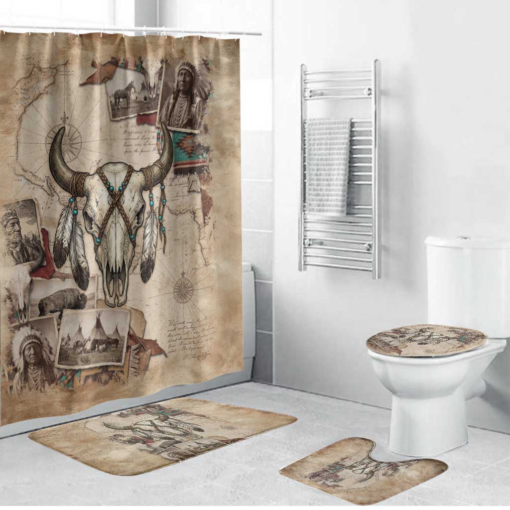 Buffalo Skull Bathroom Set Feathers Tribal Map and Historical Indigenous Native American Heritage Bison - Wonder Print Shop