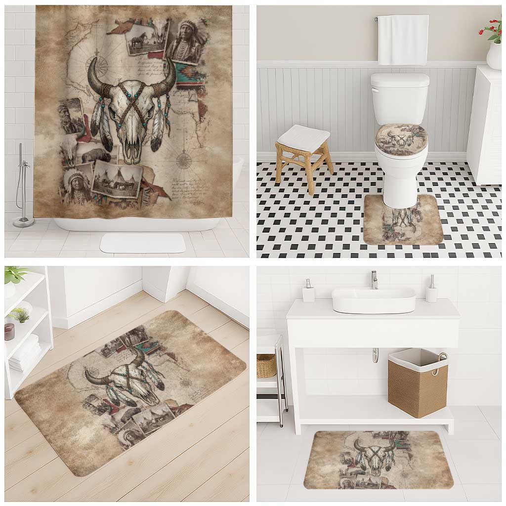 Buffalo Skull Bathroom Set Feathers Tribal Map and Historical Indigenous Native American Heritage Bison - Wonder Print Shop