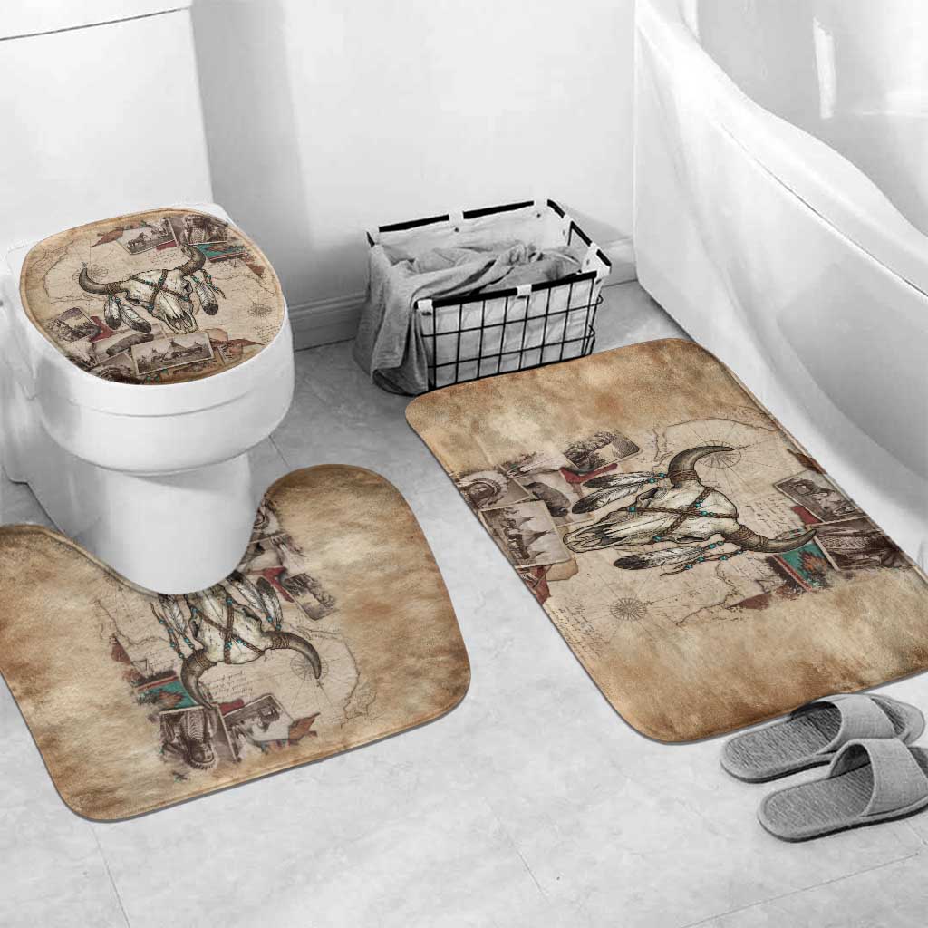 Buffalo Skull Bathroom Set Feathers Tribal Map and Historical Indigenous Native American Heritage Bison - Wonder Print Shop