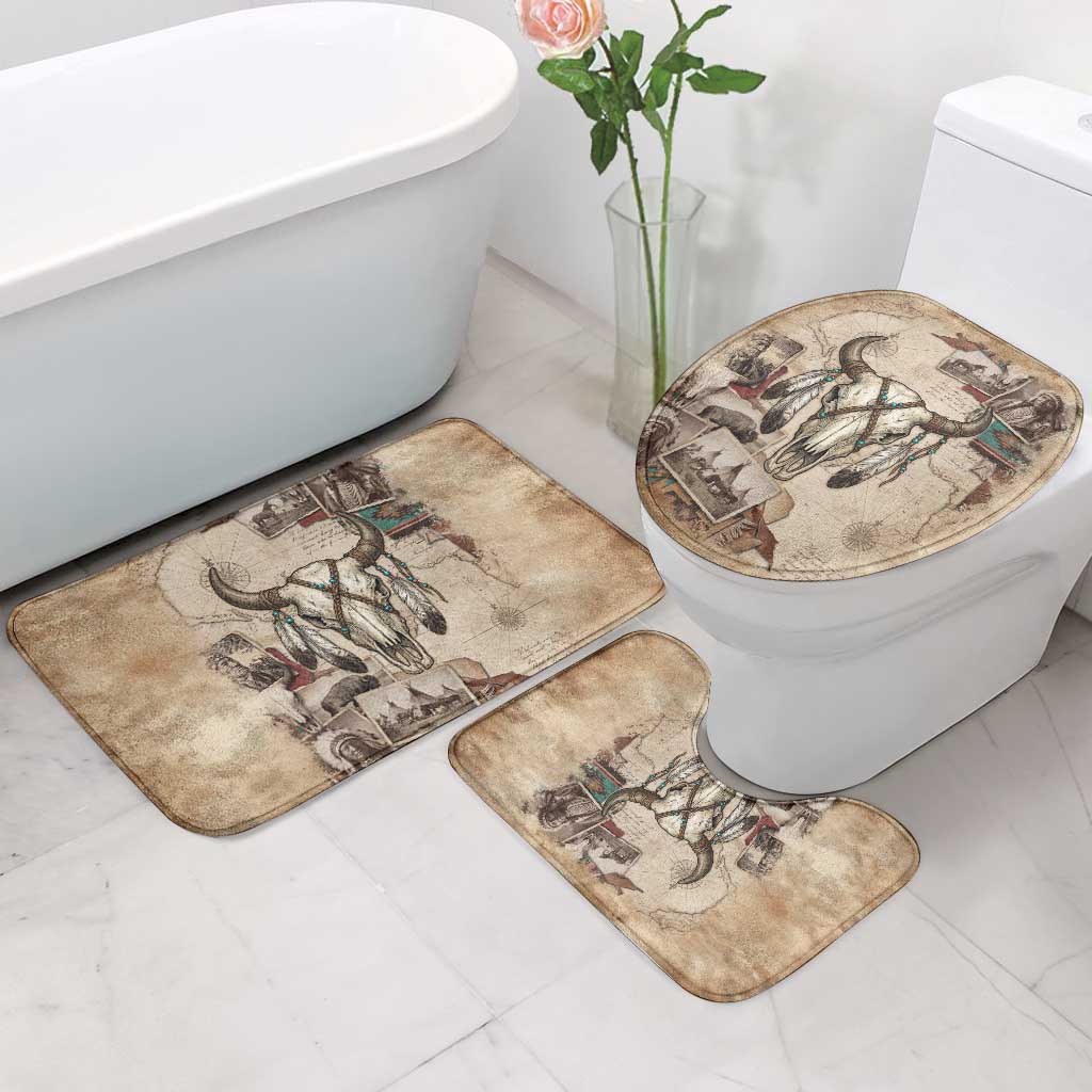 Buffalo Skull Bathroom Set Feathers Tribal Map and Historical Indigenous Native American Heritage Bison - Wonder Print Shop