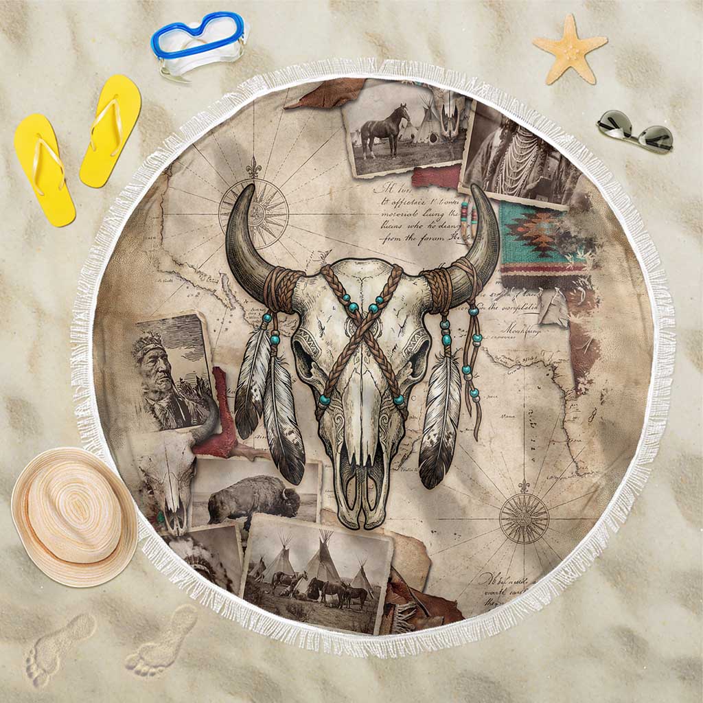Buffalo Skull Beach Blanket Feathers Tribal Map and Historical Indigenous Native American Heritage Bison - Wonder Print Shop