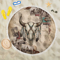 Buffalo Skull Beach Blanket Feathers Tribal Map and Historical Indigenous Native American Heritage Bison - Wonder Print Shop
