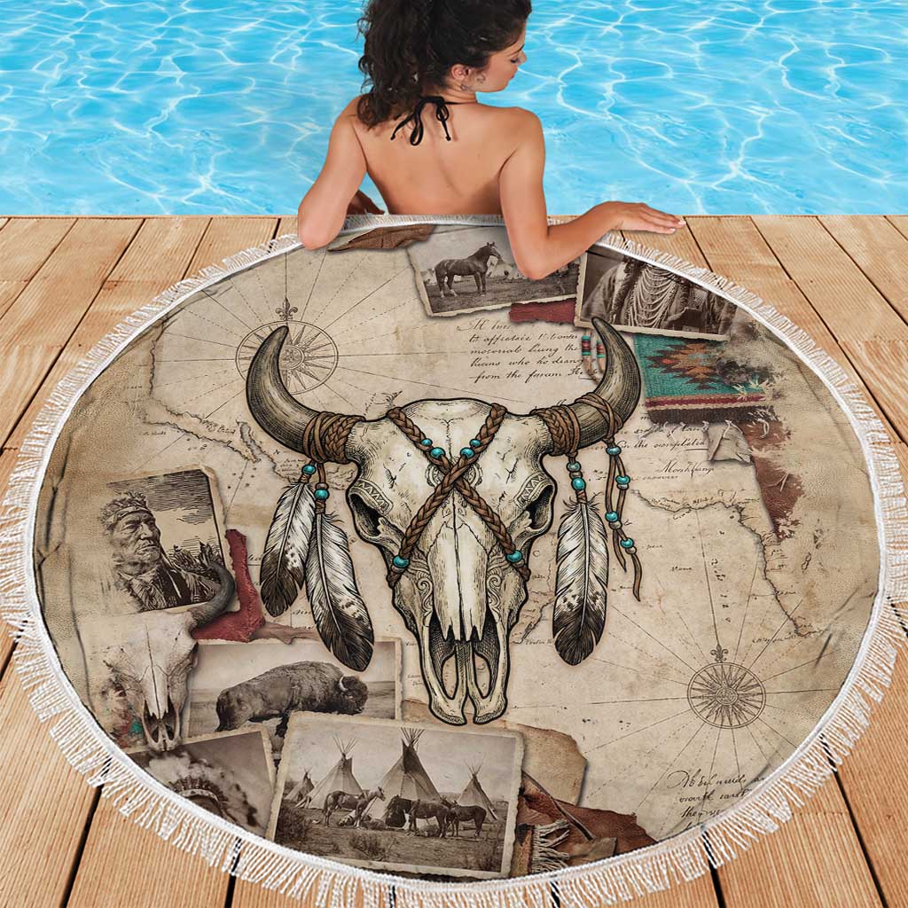 Buffalo Skull Beach Blanket Feathers Tribal Map and Historical Indigenous Native American Heritage Bison - Wonder Print Shop