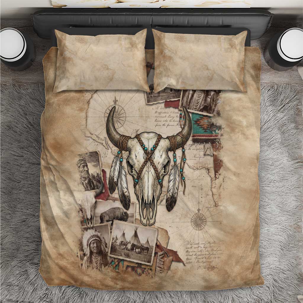 Buffalo Skull Bedding Set Feathers Tribal Map and Historical Indigenous Native American Heritage Bison - Wonder Print Shop