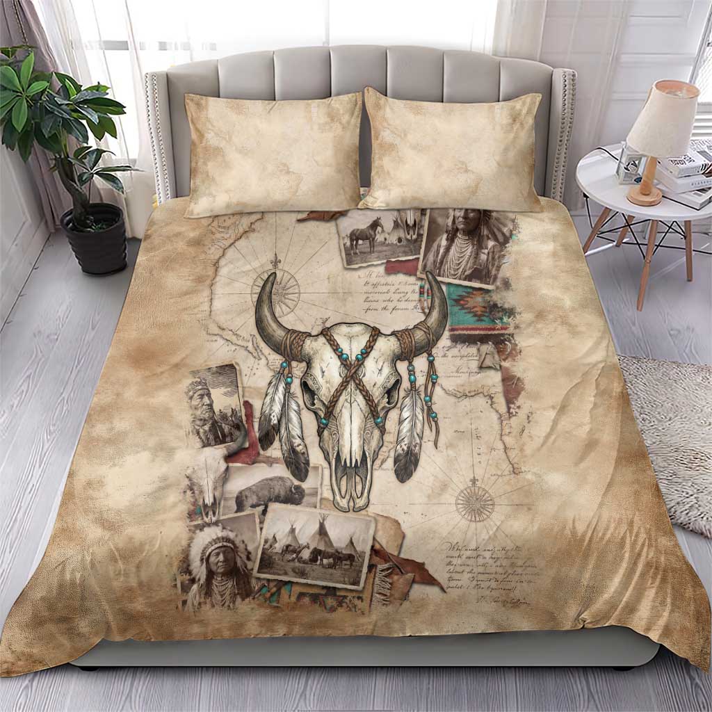 Buffalo Skull Bedding Set Feathers Tribal Map and Historical Indigenous Native American Heritage Bison - Wonder Print Shop