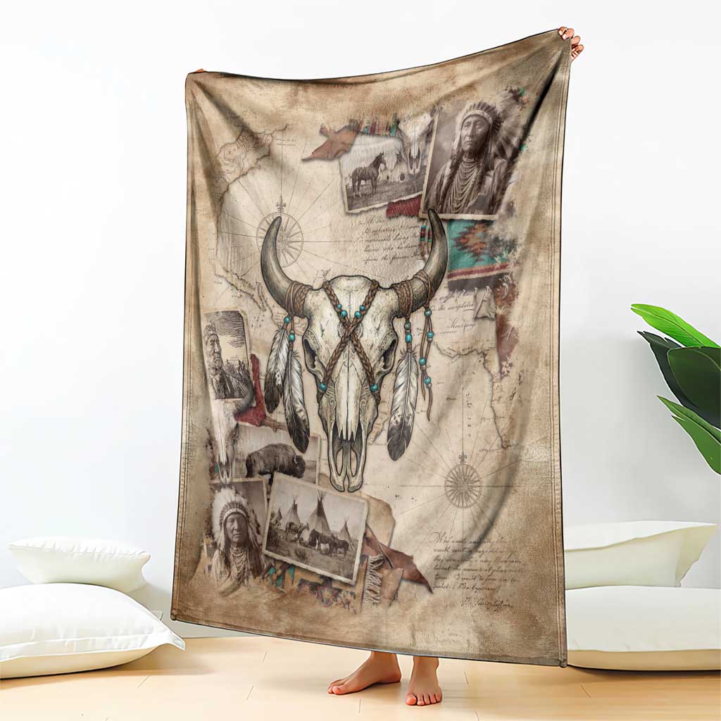 Buffalo Skull Blanket Feathers Tribal Map and Historical Indigenous Native American Heritage Bison - Wonder Print Shop