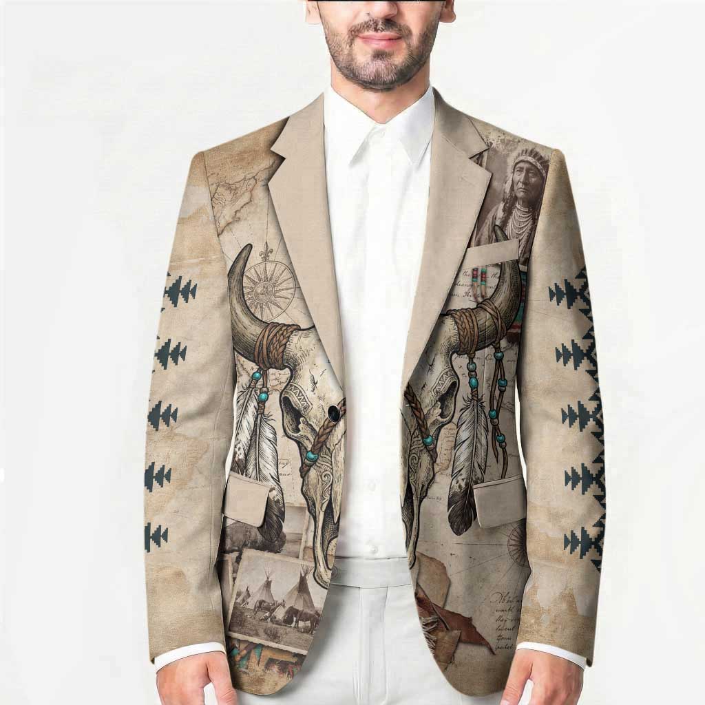 Buffalo Skull Blazer Feathers Tribal Map and Historical Indigenous Native American Heritage Bison - Wonder Print Shop