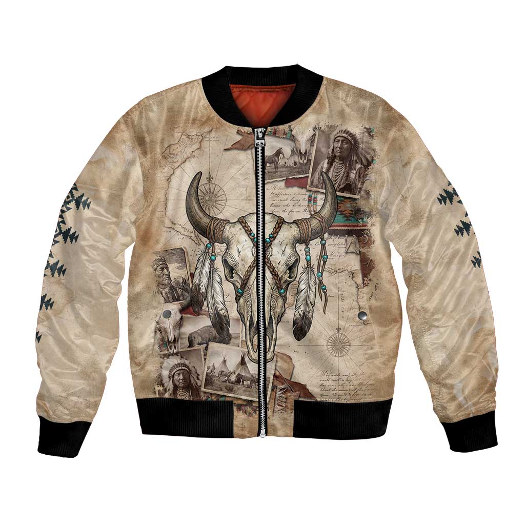 Buffalo Skull Bomber Jacket Feathers Tribal Map and Historical Indigenous Native American Heritage Bison - Wonder Print Shop