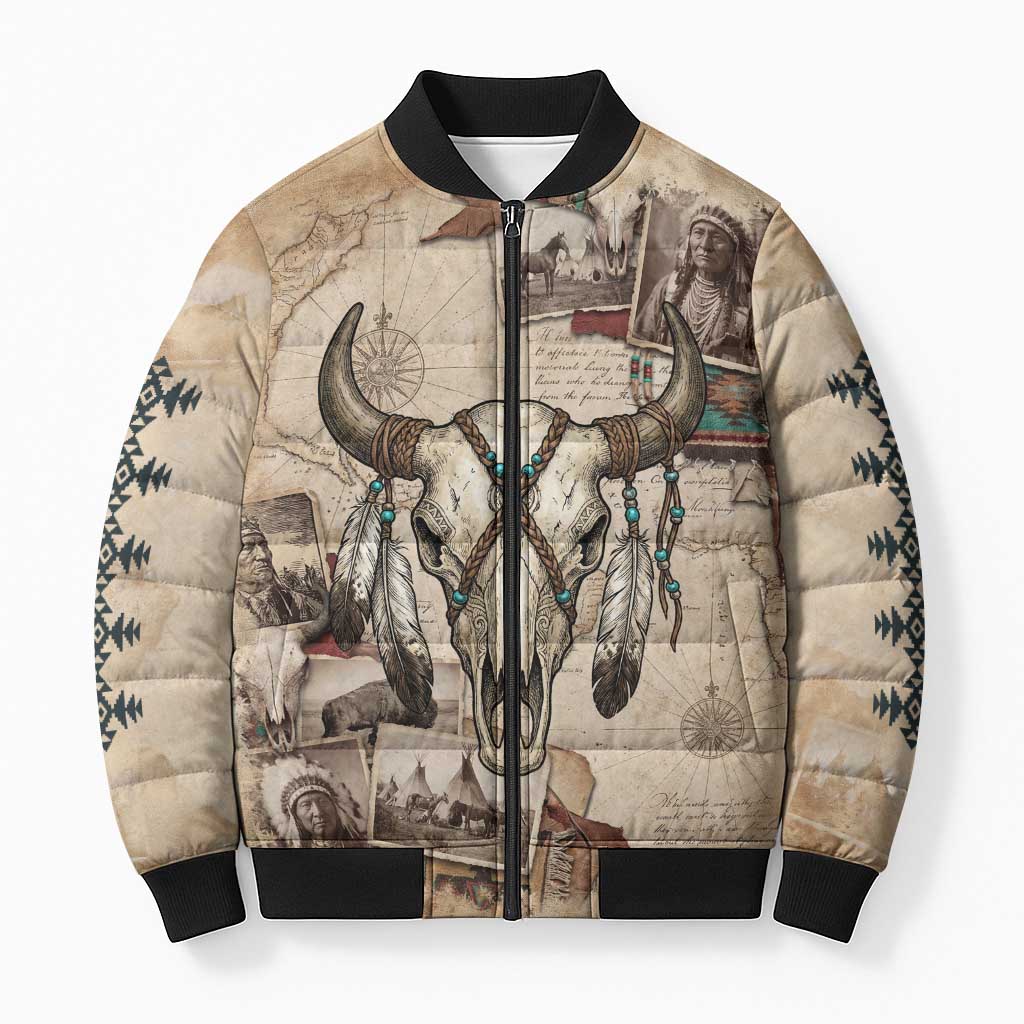 Buffalo Skull Bomber Puffer Jacket Feathers Tribal Map and Historical Indigenous Native American Heritage Bison - Wonder Print Shop