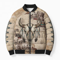 Buffalo Skull Bomber Puffer Jacket Feathers Tribal Map and Historical Indigenous Native American Heritage Bison - Wonder Print Shop