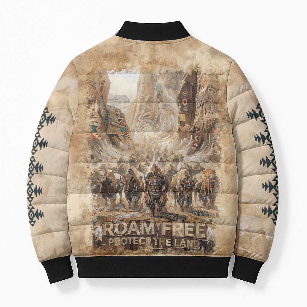 Buffalo Skull Bomber Puffer Jacket Feathers Tribal Map and Historical Indigenous Native American Heritage Bison - Wonder Print Shop